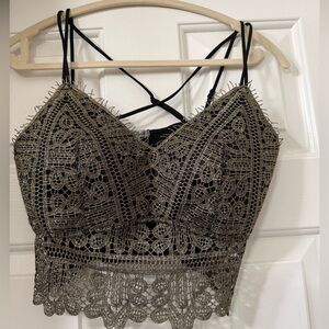BKEssentials Black and Gold Lace Crop Bralette Cami *NWOT